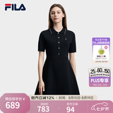 FILA 斐乐官方女装编织连衣裙2026夏新款简约翻领修身收腰连身裙 正黑色-BK L 170/88A/L