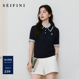 诗凡黎（‘S EIFINI）【微风POLO】诗凡黎天丝老钱风针织衫韩系绞花毛衣26夏新款短袖女 深藏青 L