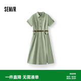 森马（Semir）连衣裙女夏季衬衫领纯棉开叉中长裙腰带复古风工装裙101325114057