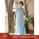 茵曼（INMAN）法式薄荷曼波连衣裙2024夏女装新品V领灯笼袖抽绳 绀蓝色 XL
