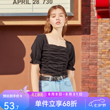 西遇复古方领针织短袖女2026年夏季新款褶皱高腰短款t恤女纯色小个子 黑色(D0300873) L