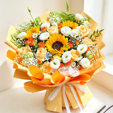 插画鲜花速递向日葵玫瑰混搭花束送老婆生日礼物全国同城配送 3朵向日葵9朵香槟玫瑰混搭花束
