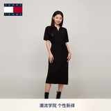 TOMMY JEANS【透气舒适】春夏女装珠地棉气质收腰显瘦V领宽松长裙连衣裙 黑色BDS S （推荐：95-110斤）