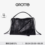 GROTTO个乐翻领包真皮大容量通勤小众机车风手提单肩斜挎包通勤七夕礼物 经典黑(牛皮)  L