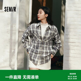 森马长袖衬衫女秋中长款宽松翻领落肩格纹上衣101125105007