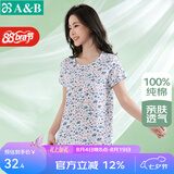 AB纯棉女中老年夏薄款家居服妈妈上衣宽松大码印花短袖汗衫 蓝粉花【上衣】 L