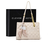 CLEVER & KETCH包包女包大容量托特包通勤大包女士单肩包菱格链条手提包生日礼物 米白色