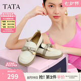 他她（TATA）七夕礼物通勤百搭乐福鞋春季新款方跟小皮鞋女一脚蹬单鞋WCPA1AA5 米白 35