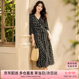 尚都比拉度假风碎花连衣裙女夏天V领气质中长裙收腰A字雪纺裙子 黑花 L