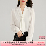 尚都比拉通勤飘带领白色衬衫女秋季上衣珍珠扣设计气质休闲时尚洋气衬衣