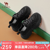 骆驼（CAMEL）老爹鞋女网布皮面拼接双系带厚底休闲鞋 L24S283079 黑色 39