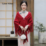 CYBER KITTEN新中式旗袍披肩复古镂空流苏披风薄款旗袍外搭三角巾开衫外套礼物 红色+【送胸针】115*175cm