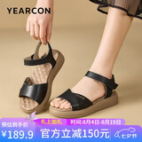 意尔康女鞋一字带露趾凉鞋牛皮通勤百搭休闲妈妈凉鞋 27586W 黑色 39