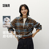森马（Semir）长袖衬衫女冬季中长款磨毛纯棉格子宽松上衣盐系衬衣101725105005