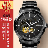 罗宾尼（LOBINNI）【品质严选】品牌手表男士全自动机械表镂空超薄商务休闲时尚腕表 黑壳银针钢带款