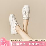 ZHR小白鞋女真牛皮平底百搭运动板鞋免系带韩版软底休闲鞋女 A75 米色 37 