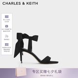 CHARLES&KEITH一字带缎面蝴蝶结绑带高跟凉鞋子女鞋七夕礼物送女友CK1-61720177 BLACK TEXTURED黑色纹理 37
