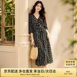 尚都比拉度假风碎花连衣裙女夏天V领气质中长裙收腰A字雪纺裙子 黑花 XL