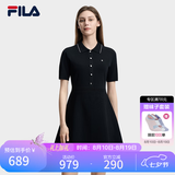 FILA 斐乐官方女子编织连衣裙2026夏新款简约翻领修身收腰连身裙 正黑色-BK M 165/84A/M