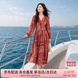 尚都比拉春秋中长款印花红色连衣裙气质女神范显瘦度假裙子 红花 M 
