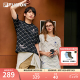 FILA FUSION斐乐潮牌情侣款针织短袖衫满印老花夏季时尚宽松纯棉T恤 41正黑色-BK L 175/96A