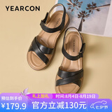 意尔康皮鞋女软底坡跟平底鞋中年妈妈魔术贴皮凉鞋 18075W 黑色 36