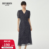 深呼吸DEEP BREATH女装V领中长高腰泡泡袖收腰碎花连衣裙A500197 藏蓝-波点 S (2)