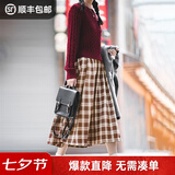 马登女装 美式格子半身裙宽松休闲显瘦显高复古格纹中长裙子秋季 浅咖色 S