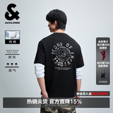 杰克·琼斯（JACK&JONES）26年【100%纯棉】短袖t恤男款夏季新款宽松潮流印花高端透气半袖 E43纯黑色 XL （185）偏大，建议选小一码