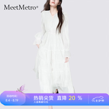 MeetMetro玛依尔法式浪漫淑女连衣裙女2026秋新款优雅气质A字长裙 白色【现货闪电发】 L