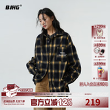 BJHG不计后果春季刺绣撞色复古格子衬衫男潮牌新款港风宽松衬衣外套女 黄蓝格纹 XL