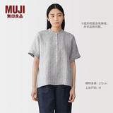 MUJI 女式 汉麻水洗 短袖罩衫女士衬衫上衣 女款女装26年春夏BC2RAA6S 灰色条纹 S （155/80A）