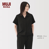MUJI女式 易干弹力泡泡纱开领短袖衫女士衬衫衬衣女款女装夏季上衣 黑色 L (165/88A)