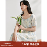 茵曼（INMAN）亚麻吊带植物碎花连衣裙女2026年夏季法式方领泡泡袖蓝色长裙 月蓝连衣裙-18424791 M