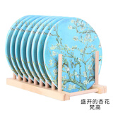 世界名画隔热餐垫8个装防烫密胺垫仿瓷隔热垫盘子锅垫餐桌垫彩盒 杏花8个装-带木架