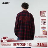 BJHG不计后果春季刺绣撞色复古格子衬衫男潮牌新款港风宽松衬衣外套女 红蓝格纹 2XL