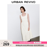 UR2026秋季新款女装气质复古U型领褶皱收腰连衣裙UWM760056+ 本白 M