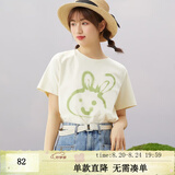 紫涵（ZIHAN）夏季米色T恤宽松纯棉短袖女打底衫内搭印花圆领上衣韩版甜美 米色 L