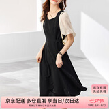 尚都比拉法式连衣裙夏季中长款a字裙泡泡袖系带收腰显瘦裙子 黑色 L 