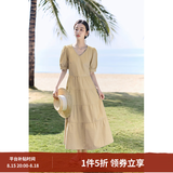茵曼（INMAN）纯棉法式气质连衣裙女装2026夏季新品显瘦V领泡泡袖A字长裙子 卡其色 S