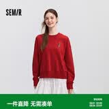 森马迪士尼|卫衣女刺绣圆领宽松红色针织衫101125116013