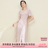 尚都比拉夏季V领碎花连衣裙中长款收腰显瘦气质印花裙子 粉底花色 L 