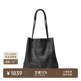 裘真008水桶包女斜挎通勤大容量真皮复古小众植鞣牛皮包包 黑色-大号