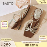 百思图26夏时尚粗跟条带罗马凉鞋通勤露趾女凉鞋F0210BL6 金色 38