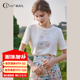 Olrain欧芮儿白色短袖T恤女夏季宽松透气显瘦套头印花上衣 白色O22XT01903 M