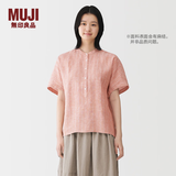 MUJI 女式 汉麻水洗 短袖罩衫女士衬衫上衣 女款女装26年春夏BC2RAA6S 砖红色条纹 S （155/80A）