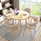 圣森源 洽谈桌椅组合休闲小圆桌椅简约休闲接待会客店铺咖啡奶茶店桌椅 原木色桌子 卡其色布椅 90cm 一桌四椅（4脚）