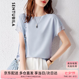 尚都比拉拼接短袖雪纺衫女显瘦遮肚子上衣夏季女装薄款休闲T恤 浅蓝色 L