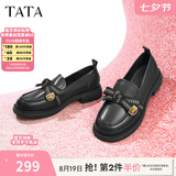 他她（TATA）七夕礼物通勤百搭乐福鞋春季新款方跟小皮鞋女一脚蹬单鞋WCPA1AA5 黑色 34