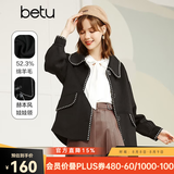 betu百图女装复古翻领赫本风娃娃领精致织带花边灯笼袖毛呢外套女2109T01 黑色 XS